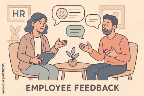 Vector artwork showing employee feedback session in HR department with relaxed, open dialogue and soft colors