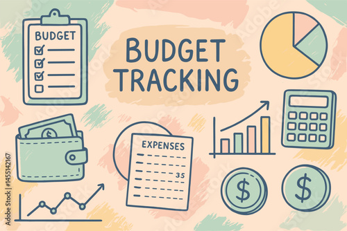 Artistic vector background of budget tracking visuals with pastel textures and hand-drawn illustrations, ideal for use in finance-themed stationery and UI kits