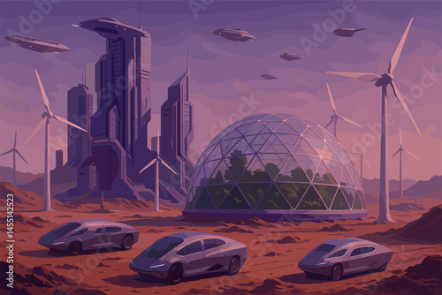 Futuristic space station set - purple buildings, mars colony dome, flying ships, wind turbines, aerodynamic transport vehicles. Sci fi architecture - biodome housing vegetation on distant planet