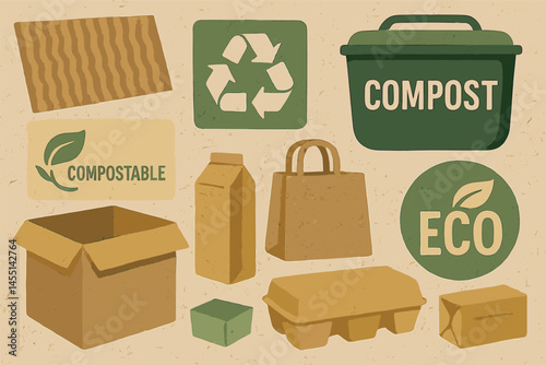 Recycled materials vector composition with paper pulp textures, cardboard packaging, compost bins, and eco certification labels