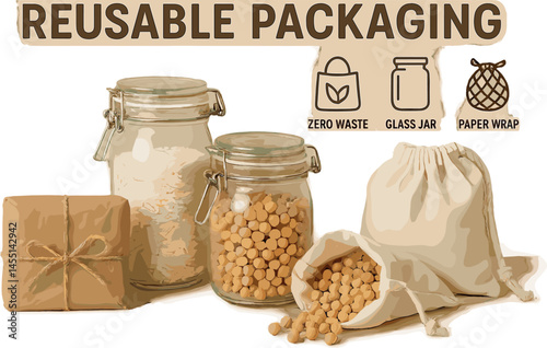 Reusable packaging product showcase with paper wrap, glass jars, cloth bags, and vector icons for zero-waste shopping