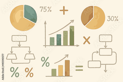 Elegant finance illustration in watercolor featuring percentage charts, calculation symbols, and hand-drawn flow diagrams for marketing visuals