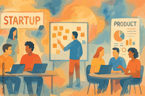 Abstract watercolor background for startup culture representation, with open workspace, teamwork scenes and product focus boards