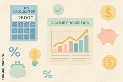 Subtle brush-textured background featuring loan calculators, income projection charts, and pastel finance icons for presentations and online materials