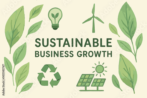 Sustainable business growth concept with hand-drawn watercolor leaves, renewable energy icons, and minimal branding for conscious companies