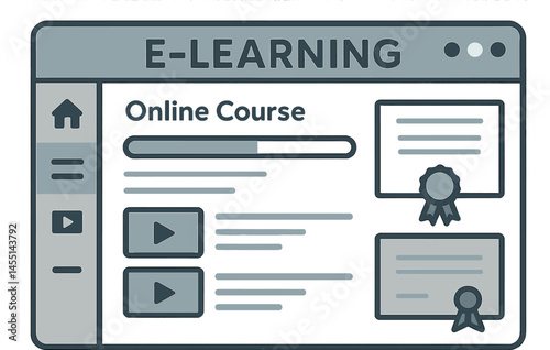 Modern e-learning platform. Vector illustration showing online course dashboard, progress bars, course modules, and certificates