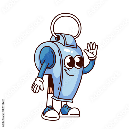 Groovy whistle cartoon character waving to greet. Funny retro blue blower of referee, judge or coach. Sport equipment mascot, cartoon happy whistle sticker of 70s 80s style vector illustration