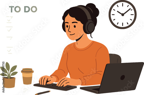 Productivity from home with to-do list, clock, clean desk, and focused freelancer with headphones. Vector illustration
