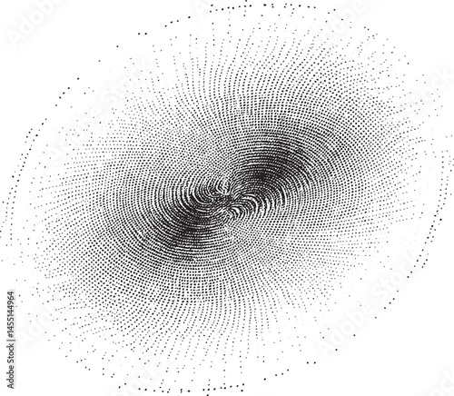 A dense swirling of black dots creates a dynamic circular vortex on a white background.