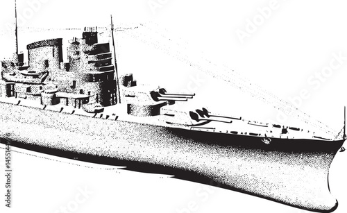 A vintage black and white depicts a large warship navigating calm waters.