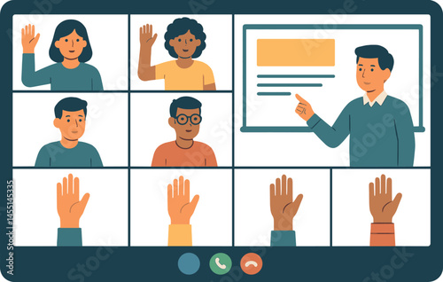 Video conferencing education. Vector illustration showing grid of participants, raised hands, and presentation slides