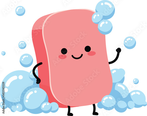 Cute pink soap bar character with bubbles and smiling face vector illustration for hygiene and cleanliness concept 