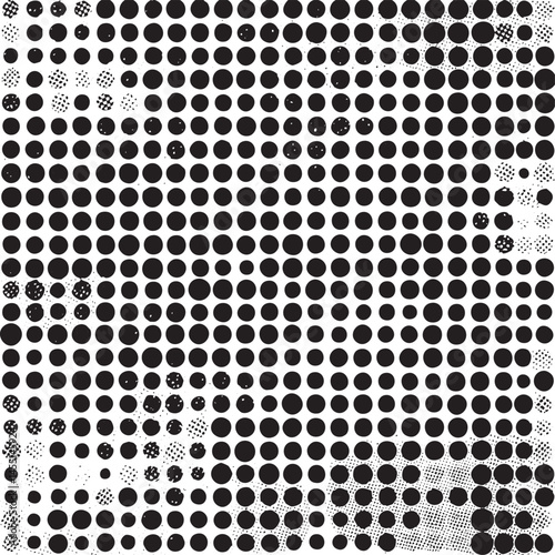 A dense arrangement of dark and white circles creates a dynamic patterned visual.