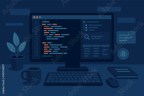 Digital workspace for coding with code editor, dark mode screen, and debugging tools. Vector illustration
