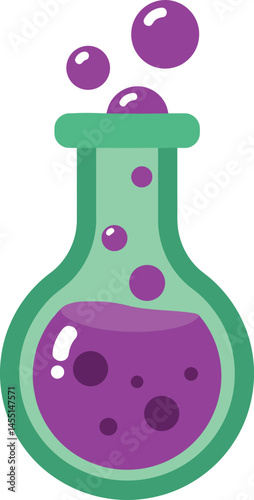 Laboratory flask with bubbling purple chemical solution vector illustration in simple style