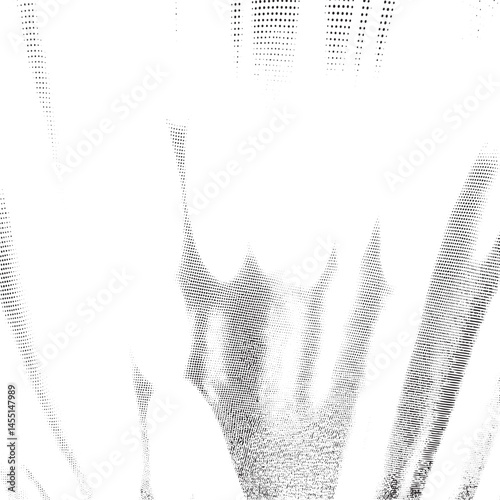 A grayscale dynamic of overlapping dots forms a textured abstract shape.