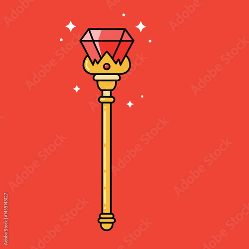 Magic wand with large sparkling red gemstone and golden handle vector illustration on red background for fantasy design 
