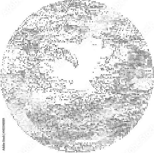 A monochrome circle displays a detailed representation of a planet's surface.
