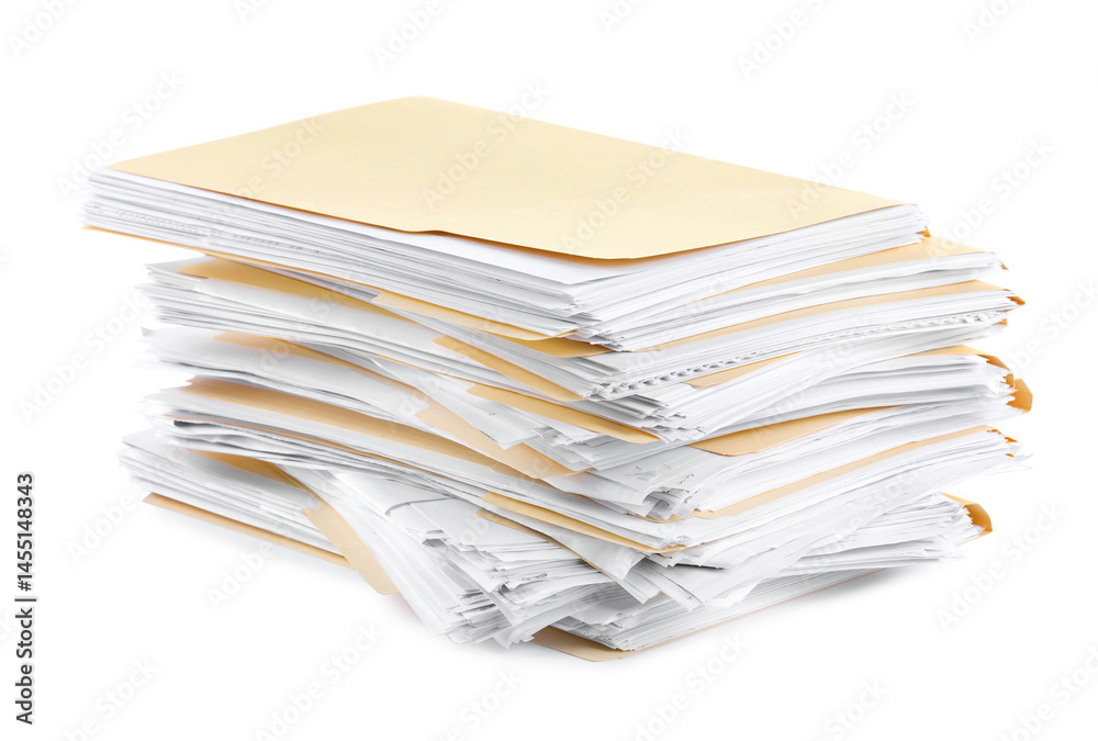 Stack of file folders with papers isolated on white Stack of file folders with papers isolated on white