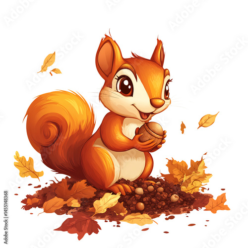 A Cartoon Squirrel Eating Leaves Isolated on Transparent Background photo