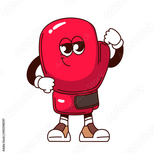 Groovy boxing glove cartoon character showing muscle in proud pose. Funny retro strong glove for sparring in ring. Sport, boxing fight mascot, cartoon sticker of 70s 80s style vector illustration