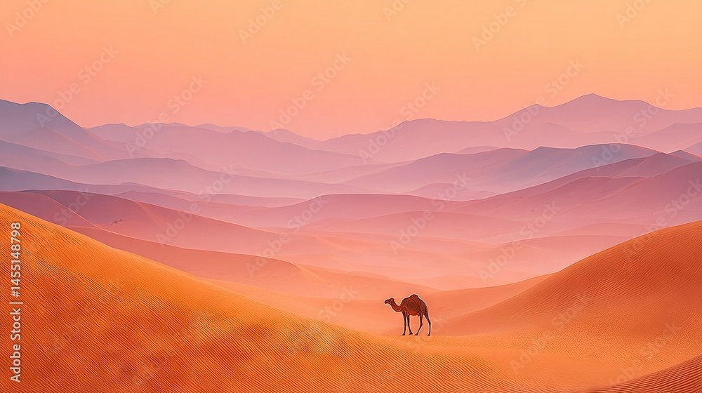 Camel in desert foreground, pink-sky mountains backdrop Camel in desert foreground, pink-sky mountains backdrop