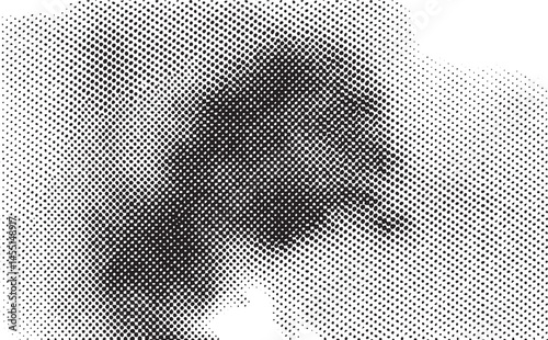 A dark speckled portrait emerges from a textured white background.