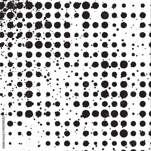 Numerous black circles gradually transition from dense to sparse across a white background.