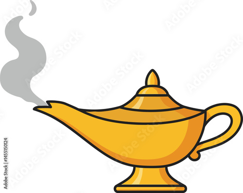 Golden magic lamp with smoke coming from spout vector illustration for fantasy and fairy tale themes 