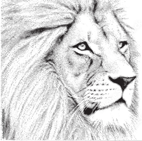 A focused lion’s head is rendered with intricate dotwork shading.