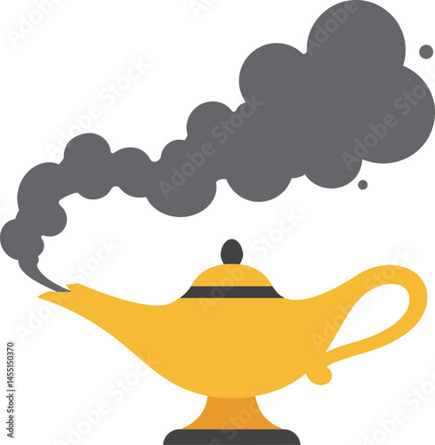 Magic lamp with rising smoke vector illustration in yellow and black colors isolated on white background 