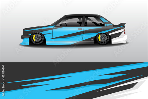Sleek Blue Car with Dynamic Graphics on Display