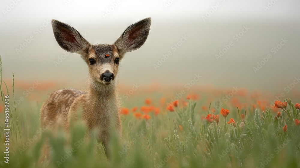 Fototapeta premium Small deer in tall grass field with orange flowers, gray sky background