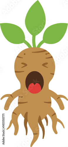 Mandrake root plant with green leaves yawning in cartoon style vector illustration 