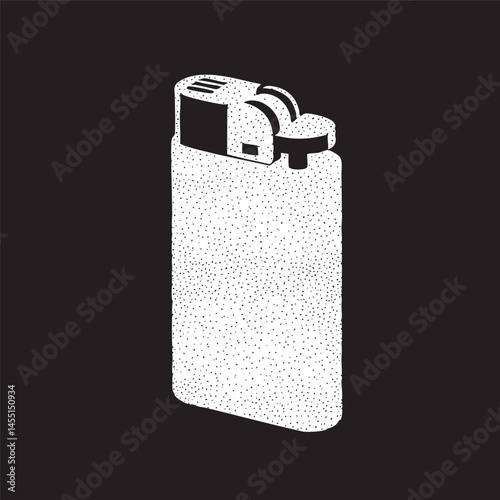 A simple white lighter stands upright against a dark background.