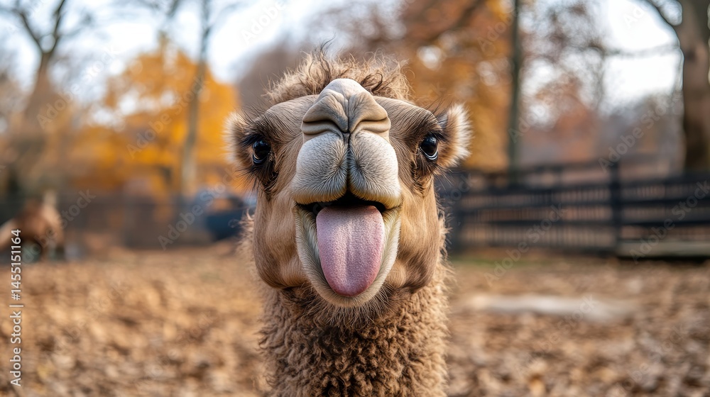Obraz premium Close-up of playful camel sticking out tongue in autumn forest setting