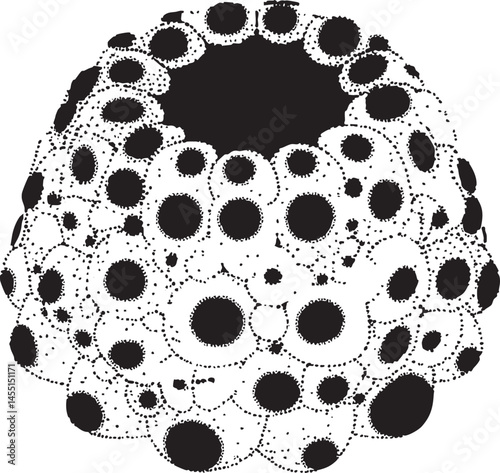 A dense intricate sphere is composed of numerous overlapping circular shapes.