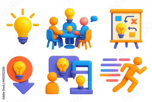 3D icon set of innovation culture: lightbulb spark, team brainstorming, creative workshop, idea board, fail-fast icon, prototype station, knowledge sharing, innovation sprint.