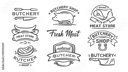 Butchery logo, meat shop line icons set. Outline hand drawn vintage Fresh meat inscription, stamps with ribbon and pig, knife and fork, steak. Butchers store logotype collection vector illustration