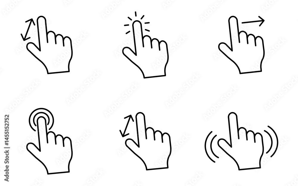 Fototapeta premium Hand touch gesture icon set showing different touchscreen interactions including tap, double tap, swipe, drag, zoom, and press, perfect for UI UX design, apps, vector illustrations