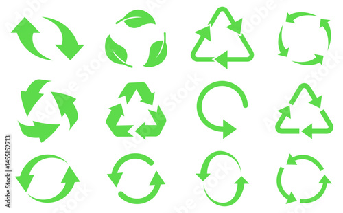 Set of 12 green recycling and eco-friendly icons including circular arrows, leaf motifs, and triangular loops for sustainability, waste management, and environmental conservation vector illustration