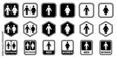 Male and female restroom symbols in vector style, designed for signage, public facilities, user interface icons, and inclusive gender identification in commercial or public environments.