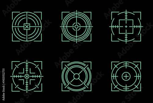 Digital green sci-fi crosshair target icons featuring advanced circular HUD designs on black background, perfect for gaming UI, tech-themed graphics, or military vector design applications