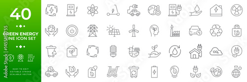 Green energy line icon set featuring eco-friendly and sustainable power symbols including solar panels, wind turbines, electric vehicles, recycling, and renewable energy illustrations