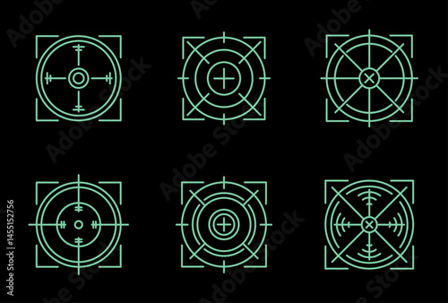 Set of futuristic green crosshair target scope icons on a black background featuring sci-fi inspired circular HUD elements and vector designs ideal for tech or gaming themes