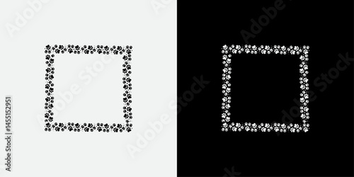 Square paw print frame on dual color background, vector illustration with black paw prints on white and white paw prints on black, pet-themed decorative border design.