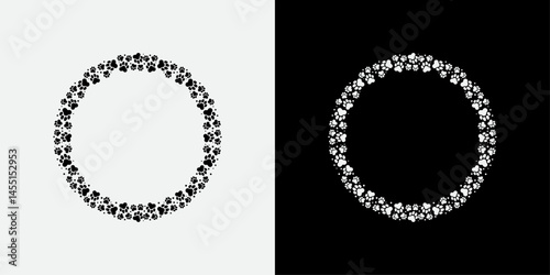 Animal paw print border frame with a circular layout, ideal for pet photo collages, animal-themed scrapbook pages, digital artwork, veterinary marketing material, or dog and cat design templates.