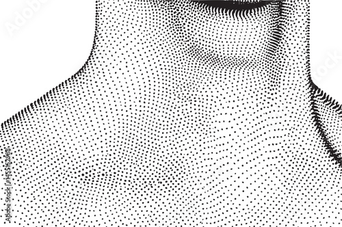 A close-up view showcases a textured abstract portrait of a human neck.