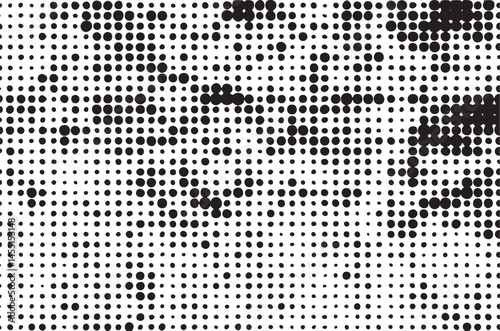A dense arrangement of black and white dots creates an abstract portrait-like composition.