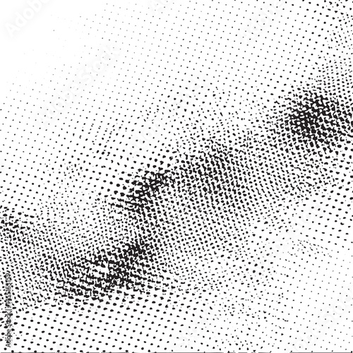 A dense textured of overlapping black dots creates a dynamic visual effect.